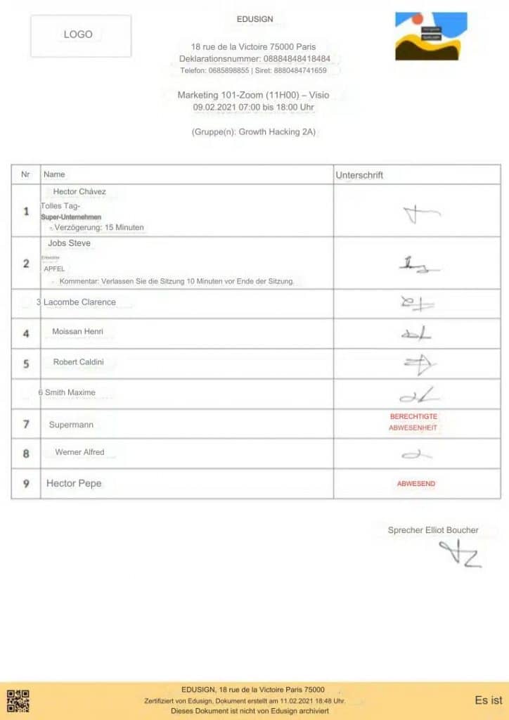 Anwesenheitsliste Edusign DE