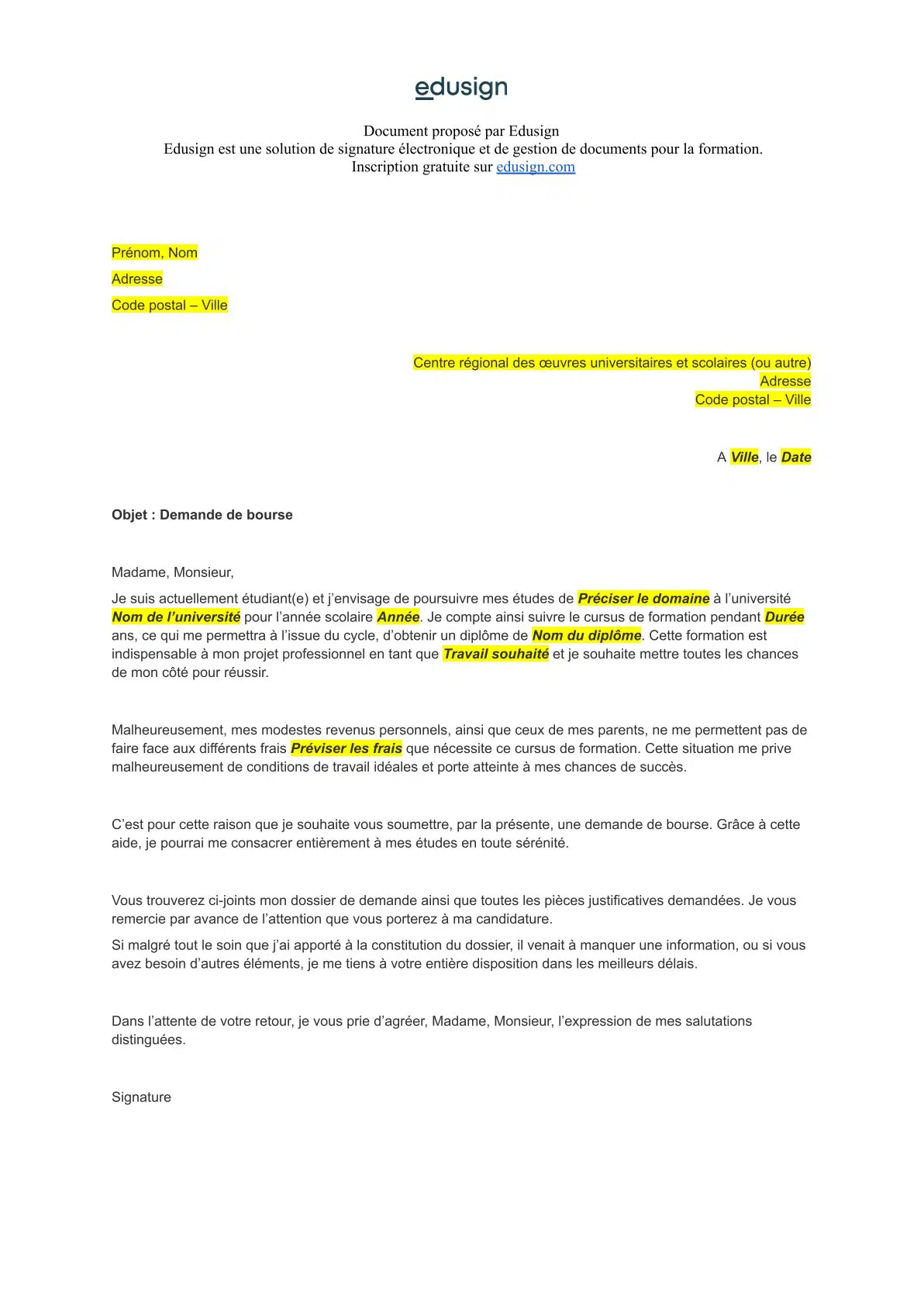 Document de demande de bourse