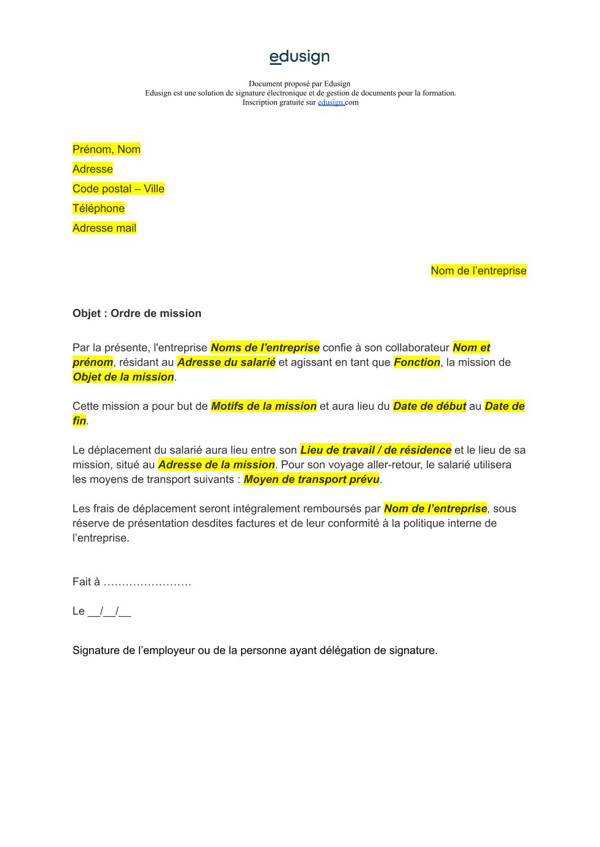 Ordre De Mission Mod le Gratuit Word Et PDF Edusign