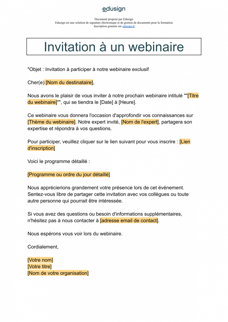 Invitation à un webinaire : Modèle de mail gratuit | Edusign