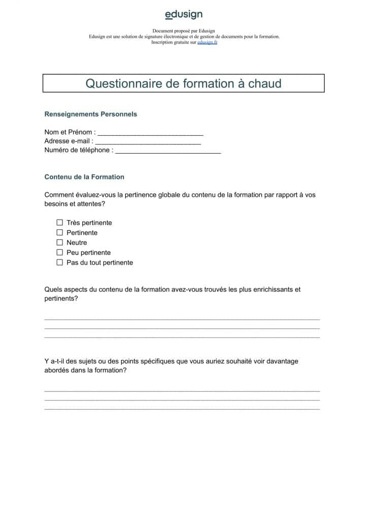 Illustration Modele Questionnaire de formation à chaud à copier ou télécharger en pdf et word
