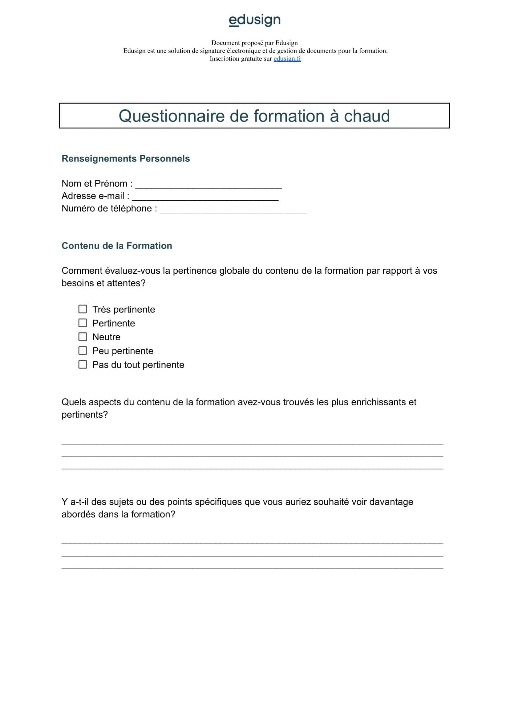 Illustration Modele Questionnaire de formation à chaud à copier ou télécharger en pdf et word