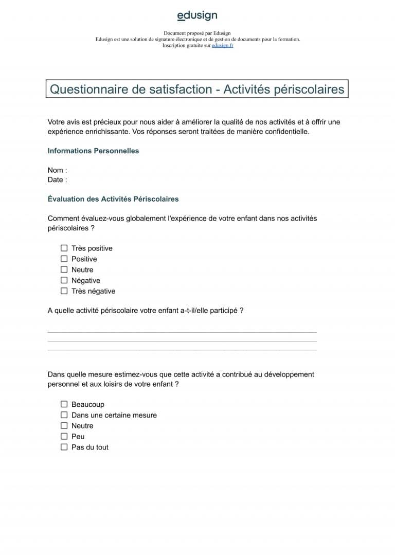 Modèle de questionnaire de satisfaction Atelier Edusign