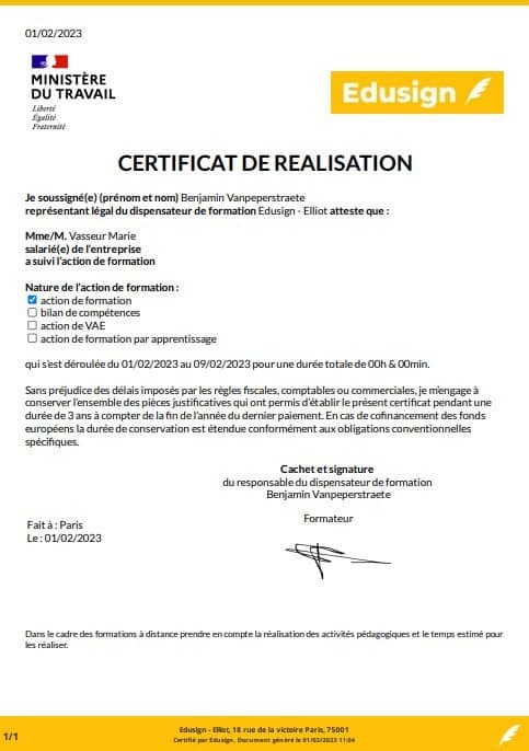 Modèle attestation de formation Edusign
