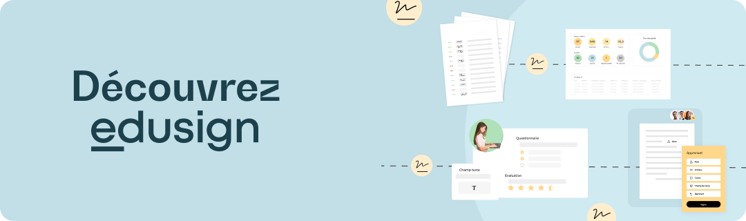 Bannière Découvrez Edusign, avec illustrations de feuilles d'émargement, de questionnaire et de statistiques d'assiduité