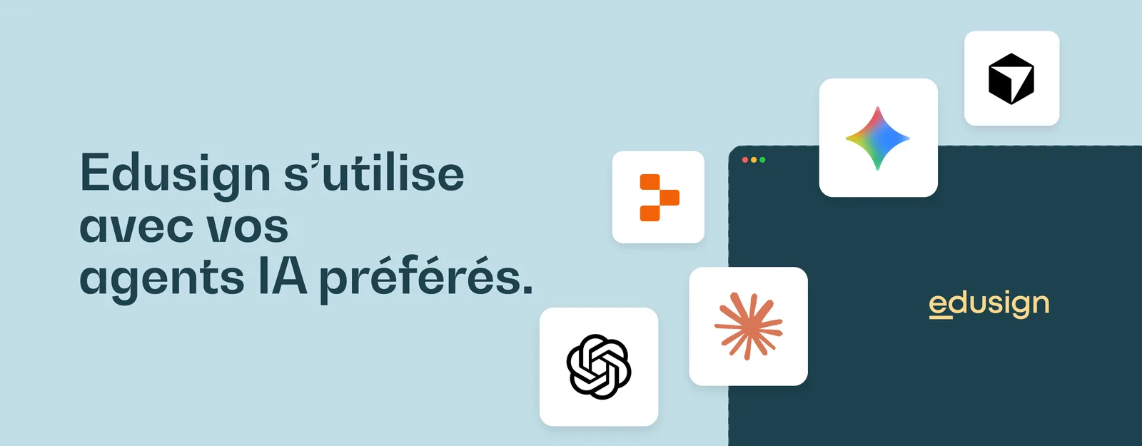 Illustration montrant Edusign connecté aux principaux assistants IA compatibles avec le MCP : ChatGPT, Claude, Gemini, Replit et Manus