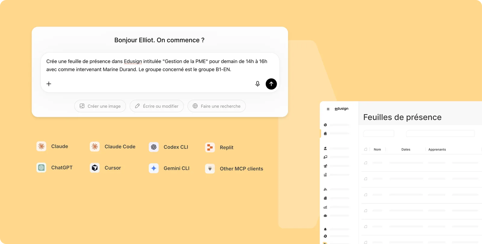 Exemple de commande envoyée à un assistant IA pour créer une feuille de présence dans Edusign, avec la liste des assistants MCP compatibles : Claude, Claude Code, Codex CLI, Replit, ChatGPT, Cursor, Gemini CLI