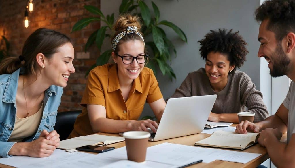 Deux apprenants collaborent autour d’un ordinateur portable dans un espace de travail créatif