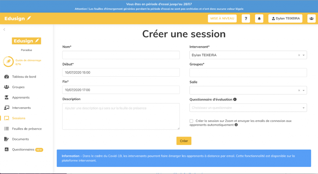 création session formation edusign à distance