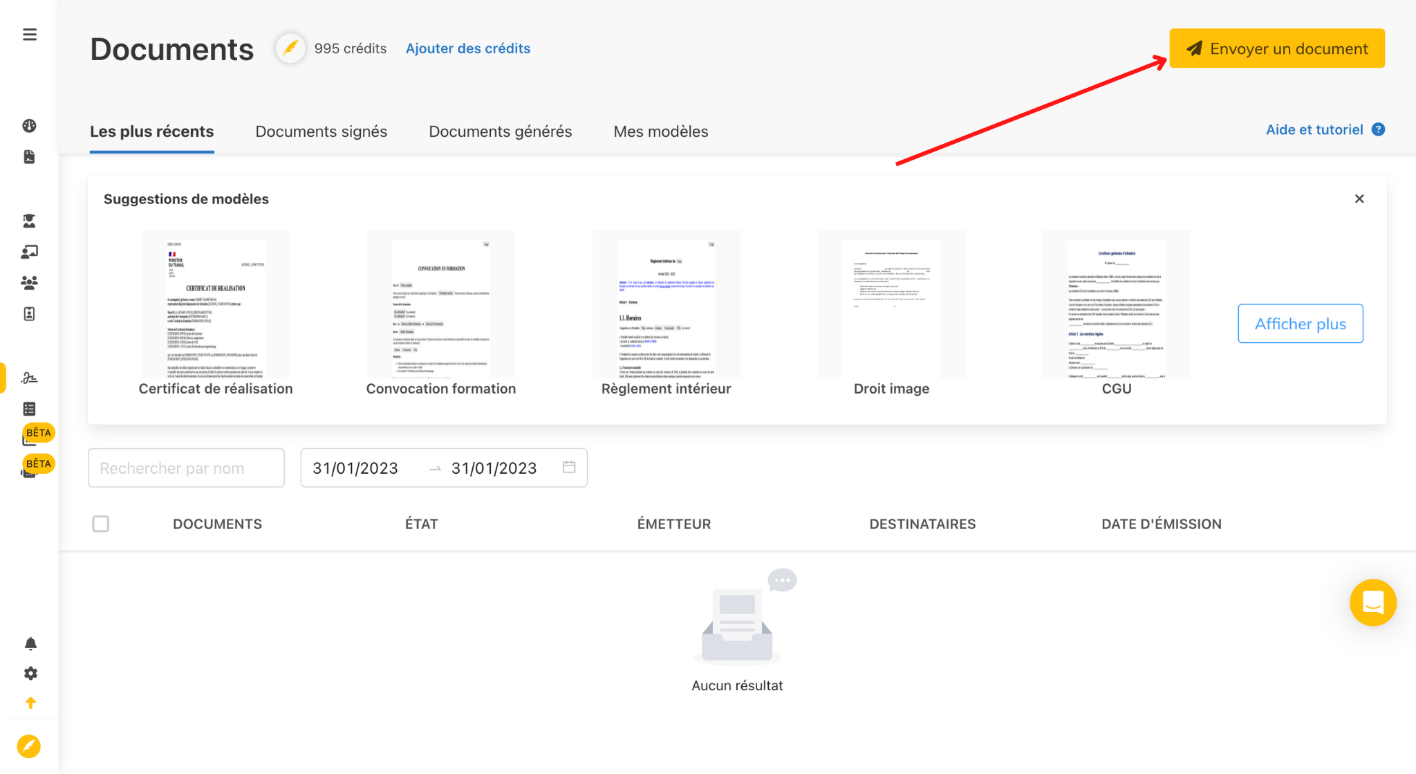 Pae d'envoi de documents sur un logiciel numérique avec une flèche rouge