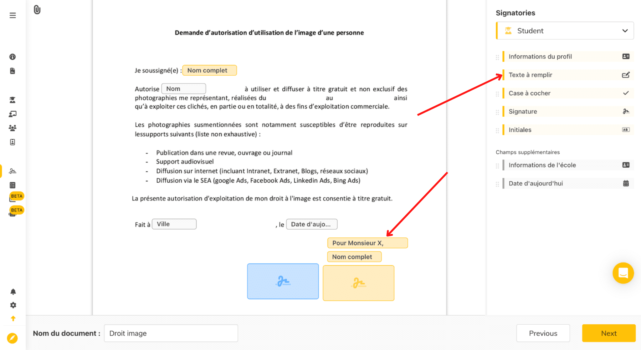 Document rempli avec la mention "pour Monsieur X" avec des flèches rouges